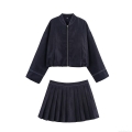 Women's Casual Denim Jacket and Pleated Mini Skirt Set Contrast Stitching Zip Up Bomber Jacket High Waist A-Line Skirt Streetwear Two Piece Outfit Outwear
