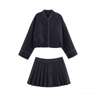 Women's Casual Denim Jacket and Pleated Mini Skirt Set Contrast Stitching Zip Up Bomber Jacket High Waist A-Line Skirt Streetwear Two Piece Outfit Outwear