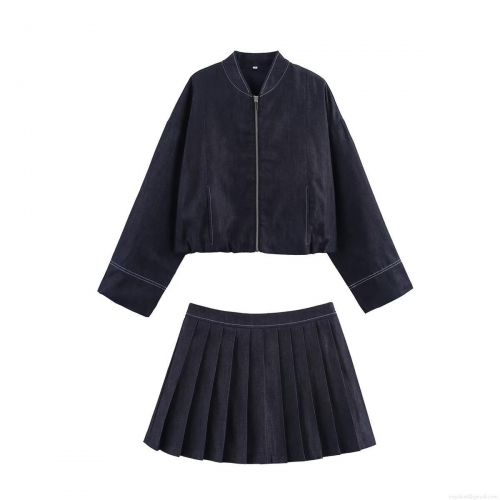 Women's Casual Denim Jacket and Pleated Mini Skirt Set Contrast Stitching Zip Up Bomber Jacket High Waist A-Line Skirt Streetwear Two Piece Outfit Outwear