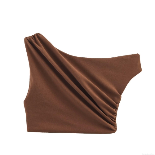 Women's Sexy One Shoulder Pleated Crop Top And Midi Skirt Set Asymmetric Textured Two Piece Outfits For Streetwear Casual Brown