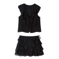 Women's Sexy Ruffled Two Piece Set Sleeveless Deep V-Neck Top and Layered Mini Skort Black Cotton Blend Streetwear Summer Outfit for Party Vacation