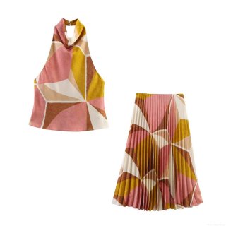 Women's Geometric Abstract Print Halter Neck Top and Pleated Midi Skirt Two Piece Set Casual Summer Vacation Satin Skirt Suit