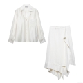 Women Elegant Pearl White Satin Long Sleeve Shirt with Embroidery Pocket and Asymmetric High Waist Skirt Street Style Casual Two Piece Set