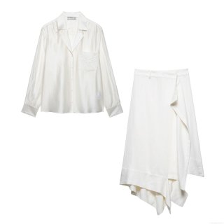 Women Elegant Pearl White Satin Long Sleeve Shirt with Embroidery Pocket and Asymmetric High Waist Skirt Street Style Casual Two Piece Set