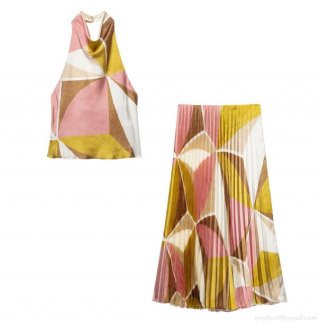 Women's Geometric Abstract Print Two Piece Outfit Halter Backless Sleeveless Top and High Waist Pleated Midi Skirt Casual Vacation Fashion