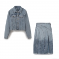 Women's Retro Washed Denim Two-Piece Set Short Denim Jacket Coat And High Waist Side Slit Midi Skirt With Raw Hem Streetwear Casual 85% Cotton Denim Outfit