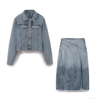 Women's Retro Washed Denim Two-Piece Set Short Denim Jacket Coat And High Waist Side Slit Midi Skirt With Raw Hem Streetwear Casual 85% Cotton Denim Outfit