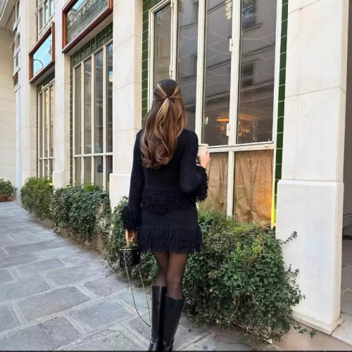 Women's Hollow Out Knit Fringe Cardigan and Skirt Set Elegant Lapel Long Sleeve Single Breasted Tassel Sweater Two Piece Skirt Set for Women