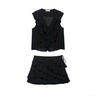 Women's Sexy Black V-Neck Ruffled Chiffon Top and Tiered Mini Skirt Two Piece Set Sleeveless Summer Casual Outfits