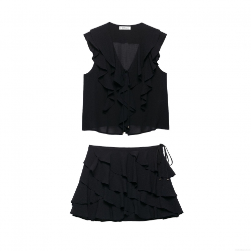 Women's Sexy Black V-Neck Ruffled Chiffon Top and Tiered Mini Skirt Two Piece Set Sleeveless Summer Casual Outfits