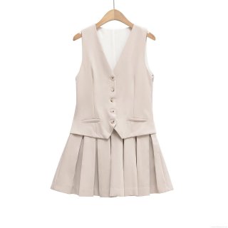 Women's Elegant Two-Piece Suit Set V Neck Sleeveless Single-Breasted Vest and High Waist Pleated Mini Skirt Apricot Polyester Chic Outfits