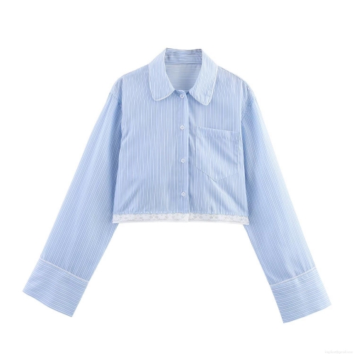 Light Blue Vertical Striped Long Sleeve Crop Shirt and Mini Skirt Set with White Lace Trim Cotton Blend Casual Two Piece Outfit Streetwear for Women