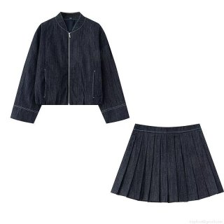 Women's Street Style Denim Jacket and Pleated Skirt Set Cotton Blend Short Zipper Bomber Jacket and High Waist Mini Pleated Skirt Two Piece Outfits Casual Daily Streetwear Clothes