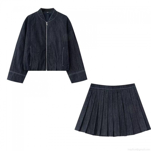 Women's Street Style Denim Jacket and Pleated Skirt Set Cotton Blend Short Zipper Bomber Jacket and High Waist Mini Pleated Skirt Two Piece Outfits Casual Daily Streetwear Clothes