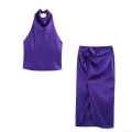 Women's Satin Halter Neck Top And High Slit Midi Skirt Set Elegant Purple Two Piece Outfit For Party Clubwear Sexy Backless Tank Top And Knotted Waist Skirt Summer Clothing