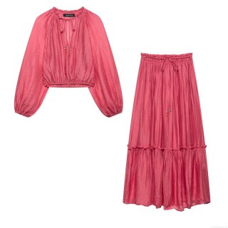 Women's Sexy Crinkled Two Piece Set Long Sleeve Round Neck Cropped Top and High Waist Tiered Pleated Maxi Skirt Cotton Blend Streetwear Outfits