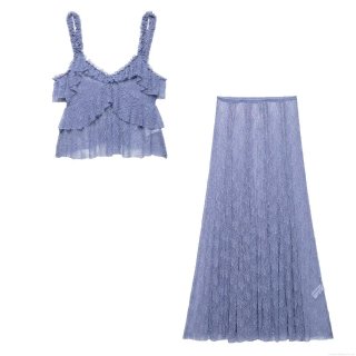 Women Elegant Lavender Purple Lace Two Piece Set Tiered Ruffle Cami Top And Layered Floral Midi Skirt For Summer Holiday Party