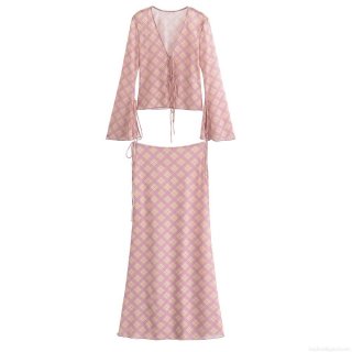 Women's Two Piece Mesh Plaid Outfit Set 100% Polyester Long Sleeve V-Neck Lace-Up Top And Bodycon Midi Skirt Plaid Streetwear Party Clubwear For Women