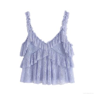 Women's Lavender Lace Layered Ruffle Camisole And Skirt Set Elegant Sleeveless Pleated Top And A-Line Mini Skirt Summer Vacation Party Streetwear Outfits