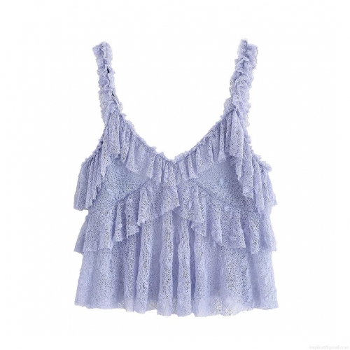 Women's Lavender Lace Layered Ruffle Camisole And Skirt Set Elegant Sleeveless Pleated Top And A-Line Mini Skirt Summer Vacation Party Streetwear Outfits