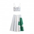 Women's Striped Two Piece Set Polyester Spaghetti Strap Bustier Crop Top and High Waist Midi A-Line Skirt With Green Print Streetwear Casual Outfit
