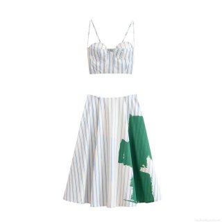Women's Striped Two Piece Set Polyester Spaghetti Strap Bustier Crop Top and High Waist Midi A-Line Skirt With Green Print Streetwear Casual Outfit