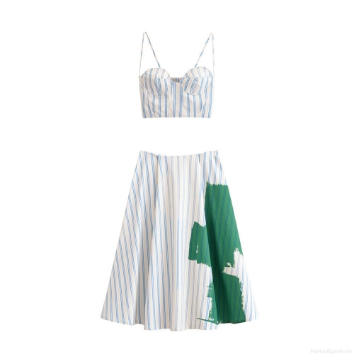 Women's Striped Two Piece Set Polyester Spaghetti Strap Bustier Crop Top and High Waist Midi A-Line Skirt With Green Print Streetwear Casual Outfit