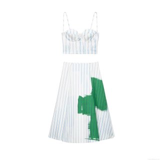 Women Sexy Blue White Vertical Striped Bustier Crop Top And Artistic Green Print Midi Skirt Two Piece Set Outfits Summer Streetwear Party Dress Set