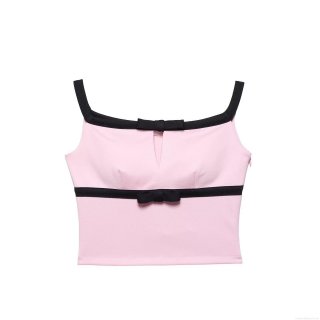 Women's Sexy Pink Cami Crop Top and Bow Knot Skort Set Cotton Blend Contrast Webbing Two Piece Outfits for Summer Streetwear Party Women Clothing