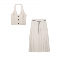 Women's Two Piece Outfits Cotton Linen Halter Neck Button Vest Top and High Waist A-Line Midi Skirt Set with Thin Belt Summer Casual Beach Vacation Streetwear