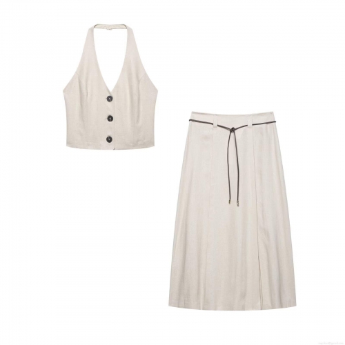 Women's Two Piece Outfits Cotton Linen Halter Neck Button Vest Top and High Waist A-Line Midi Skirt Set with Thin Belt Summer Casual Beach Vacation Streetwear