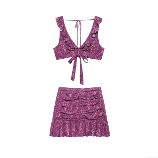Women's Purple Abstract Print 2-Piece Skirt Set 100% Polyester Ruffled Sleeveless Crop Top And Ruched Mini Skirt For Summer Streetwear Party Fashion