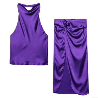 Women's 2-Piece Skirt Set Sexy Halter Neck Crop Top And Knotted High Split Midi Skirt Stretch Satin Elegant Party Clubwear Outfits