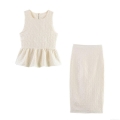 Women's Textured Peplum Top And Pencil Skirt Set Sleeveless Round Neck Off White Jacquard Two Piece Outfits For Streetwear Party Date Slim Fit Cotton Blend Skirt Suits