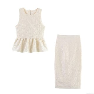 Women's Textured Peplum Top And Pencil Skirt Set Sleeveless Round Neck Off White Jacquard Two Piece Outfits For Streetwear Party Date Slim Fit Cotton Blend Skirt Suits