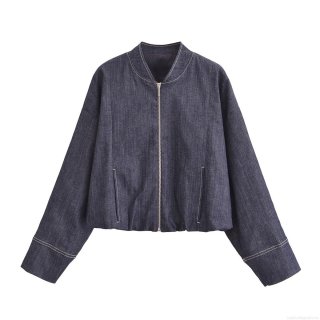 Women's Two Piece Denim Set Casual Bomber Jacket With Metal Zip Contrast Stitch And High Waist Pleated Mini Skirt Streetwear Fashion Navy Blue Outfit For Spring Fall