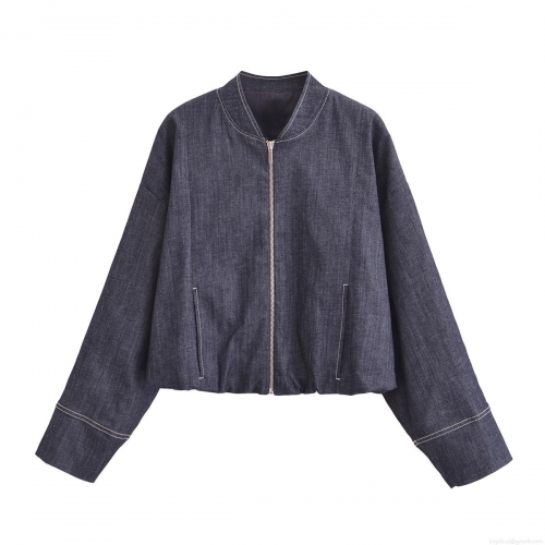 Women's Two Piece Denim Set Casual Bomber Jacket With Metal Zip Contrast Stitch And High Waist Pleated Mini Skirt Streetwear Fashion Navy Blue Outfit For Spring Fall