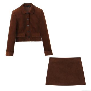 Women's Faux Suede Two Piece Set Brown Short Button Jacket And A-Line Skirt Elegant Velvety Long Sleeve Slim Fit Outfits For Streetwear Ladies