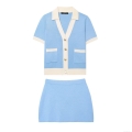 Women Chic Contrast Color Knit Skirt Set V-Neck Short Sleeve Cardigan With Mini Skirt Preppy Style Colorblock Polyester Outfits For Women