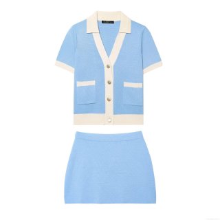 Women Chic Contrast Color Knit Skirt Set V-Neck Short Sleeve Cardigan With Mini Skirt Preppy Style Colorblock Polyester Outfits For Women