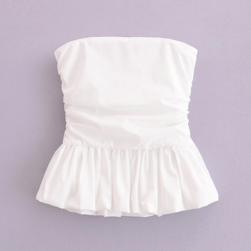 Women's Elegant White Two-Piece Set Solid Color Peplum Tube Top And High Waist Midi A-Line Skirt Ruffle Pleated Summer Beach Party Outfit Set For Women