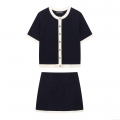 Women's Two Piece Knit Skirt Set Navy White Contrast Trim Short Sleeve Cardigan Gold Anchor Buttons A-Line Mini Skirt Casual Streetwear Outfit