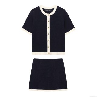 Women's Two Piece Knit Skirt Set Navy White Contrast Trim Short Sleeve Cardigan Gold Anchor Buttons A-Line Mini Skirt Casual Streetwear Outfit