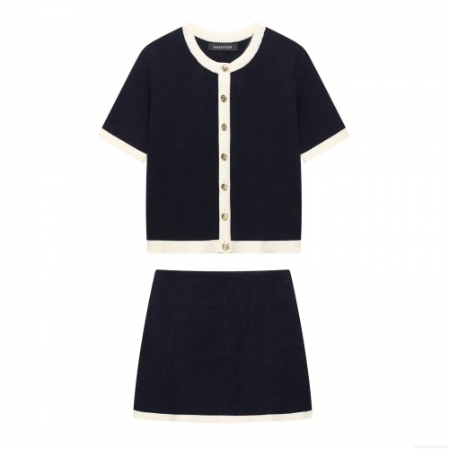 Women's Two Piece Knit Skirt Set Navy White Contrast Trim Short Sleeve Cardigan Gold Anchor Buttons A-Line Mini Skirt Casual Streetwear Outfit