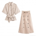 Women's Casual Polyester Two Piece Skirt Set Short Sleeve Lapel Button Up Shirt And Double Breasted Midi A-Line Skirt With Belt Office Lady Outfits