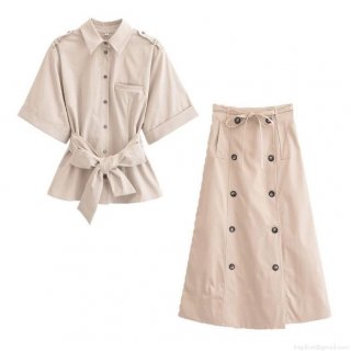 Women's Casual Polyester Two Piece Skirt Set Short Sleeve Lapel Button Up Shirt And Double Breasted Midi A-Line Skirt With Belt Office Lady Outfits