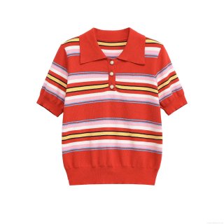 Women's Colorful Stripe Polyester Knit Skirt Set Short Sleeve Polo Top Pearl Buttons Pleated Mini Skirt European Casual Streetwear Party Outfit