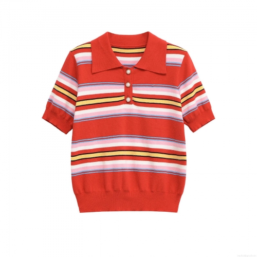 Women's Colorful Stripe Polyester Knit Skirt Set Short Sleeve Polo Top Pearl Buttons Pleated Mini Skirt European Casual Streetwear Party Outfit