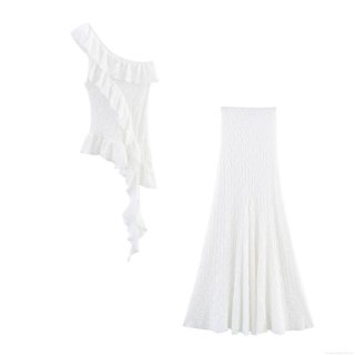 Women's White Lace Two-Piece Set Asymmetric One Shoulder Ruffle Top And Elegant Hollow Out High Waist Long Skirt Sexy Beach Vacation Outfit