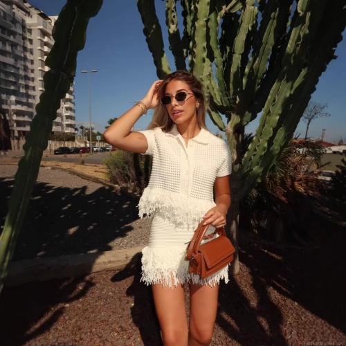 Women's 2-Piece Knit Crochet Set Fringe Tassels Short Sleeve Button Cardigan Top And Mini Skirt Vacation Beach Wear Cream White Cotton Blend Co-ords Summer Elegant Outfit
